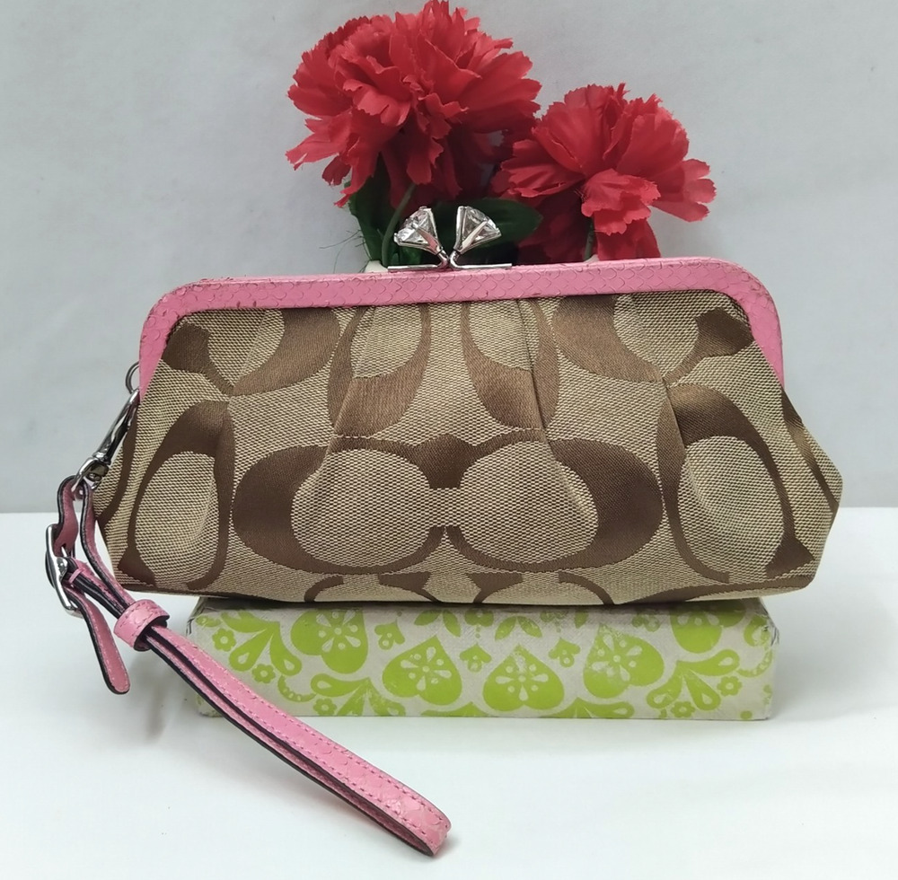 Coach Signature Brown Canvas Snakeskin Crystal Kisslock Clutch Wallet